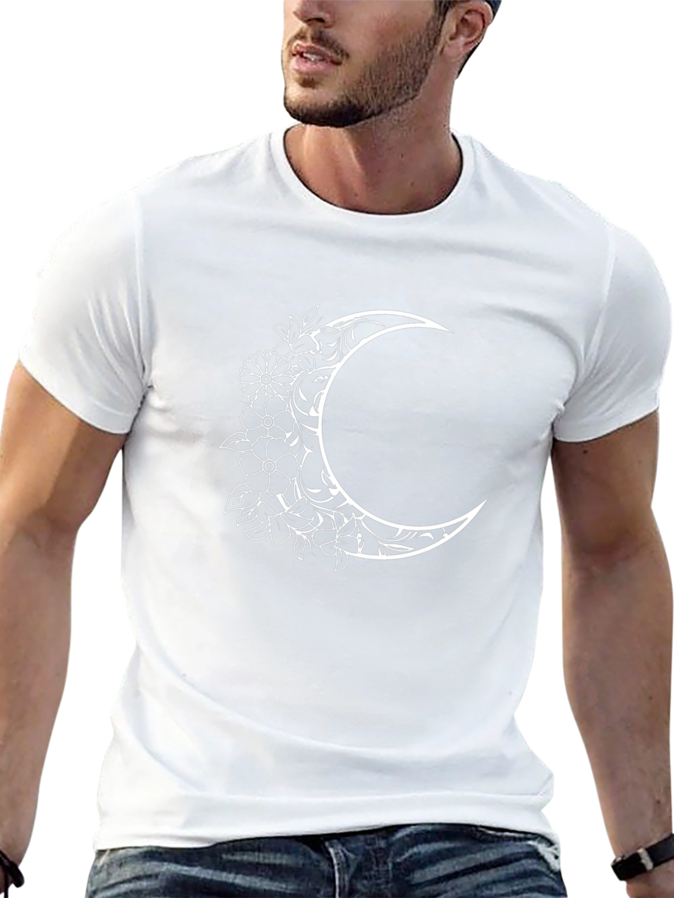 Floral Crescent Moon Black T-Shirt