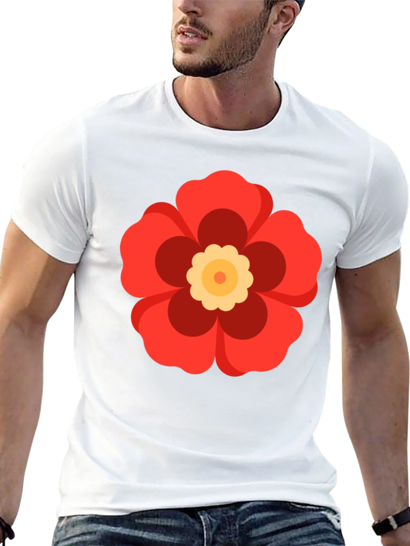 Black T-Shirt with Red Flower Graphic