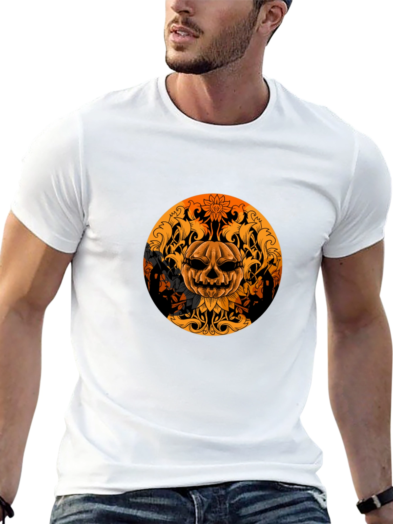 Pumpkin Skull Graphic Tee - Black Halloween Shirt