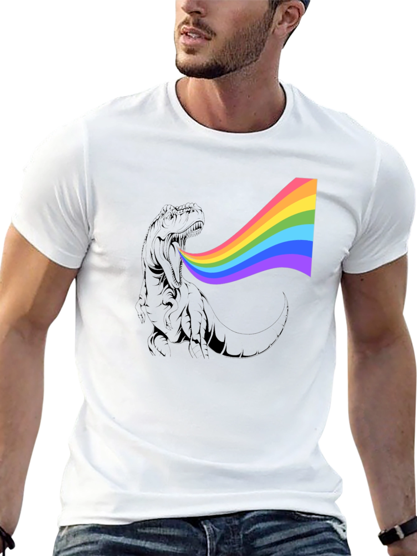 Rainbow Dinosaur Graphic Tee - Black Cotton T-Shirt
