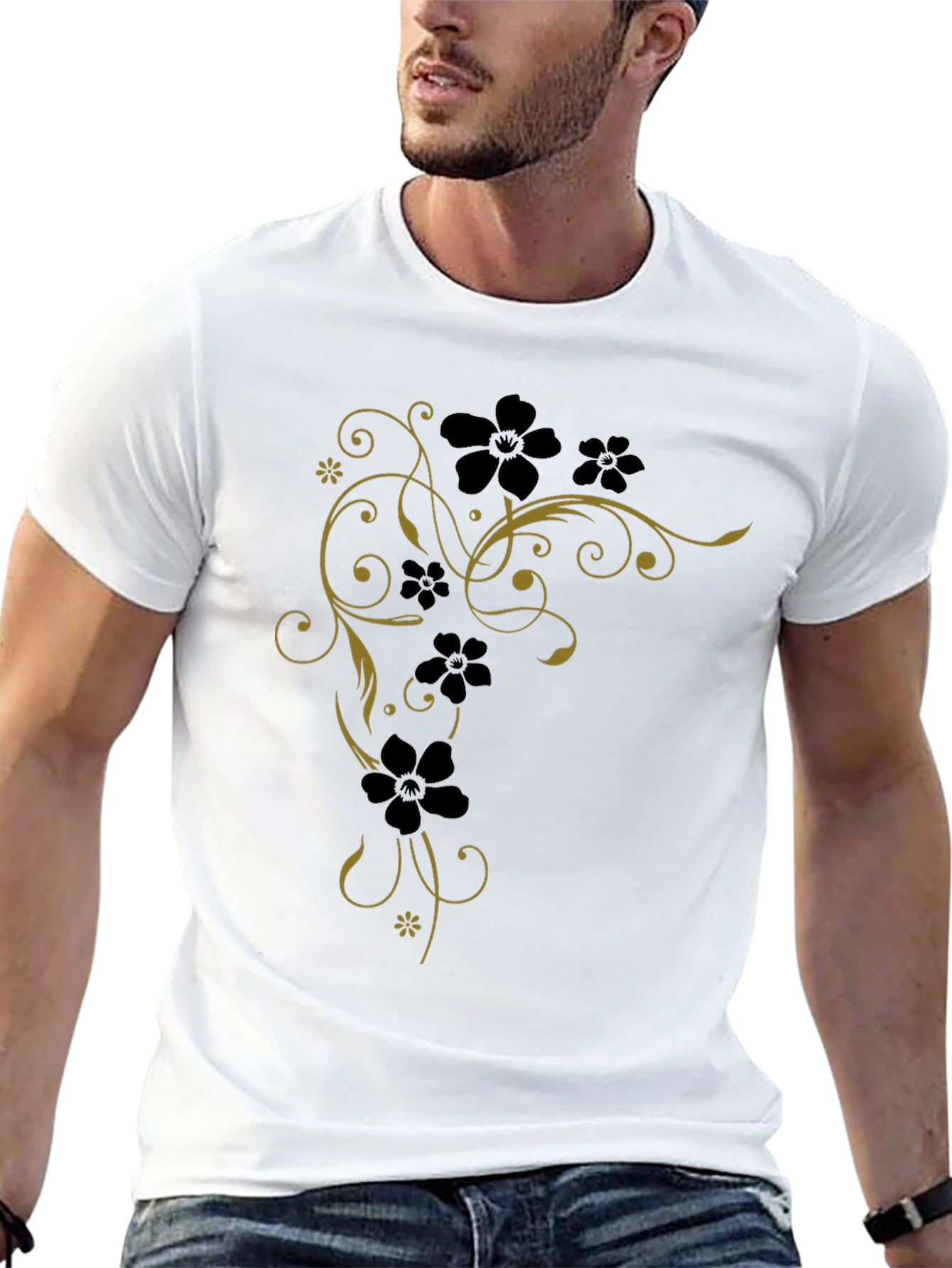 Floral Vine Tee - Black Cotton Graphic T-Shirt
