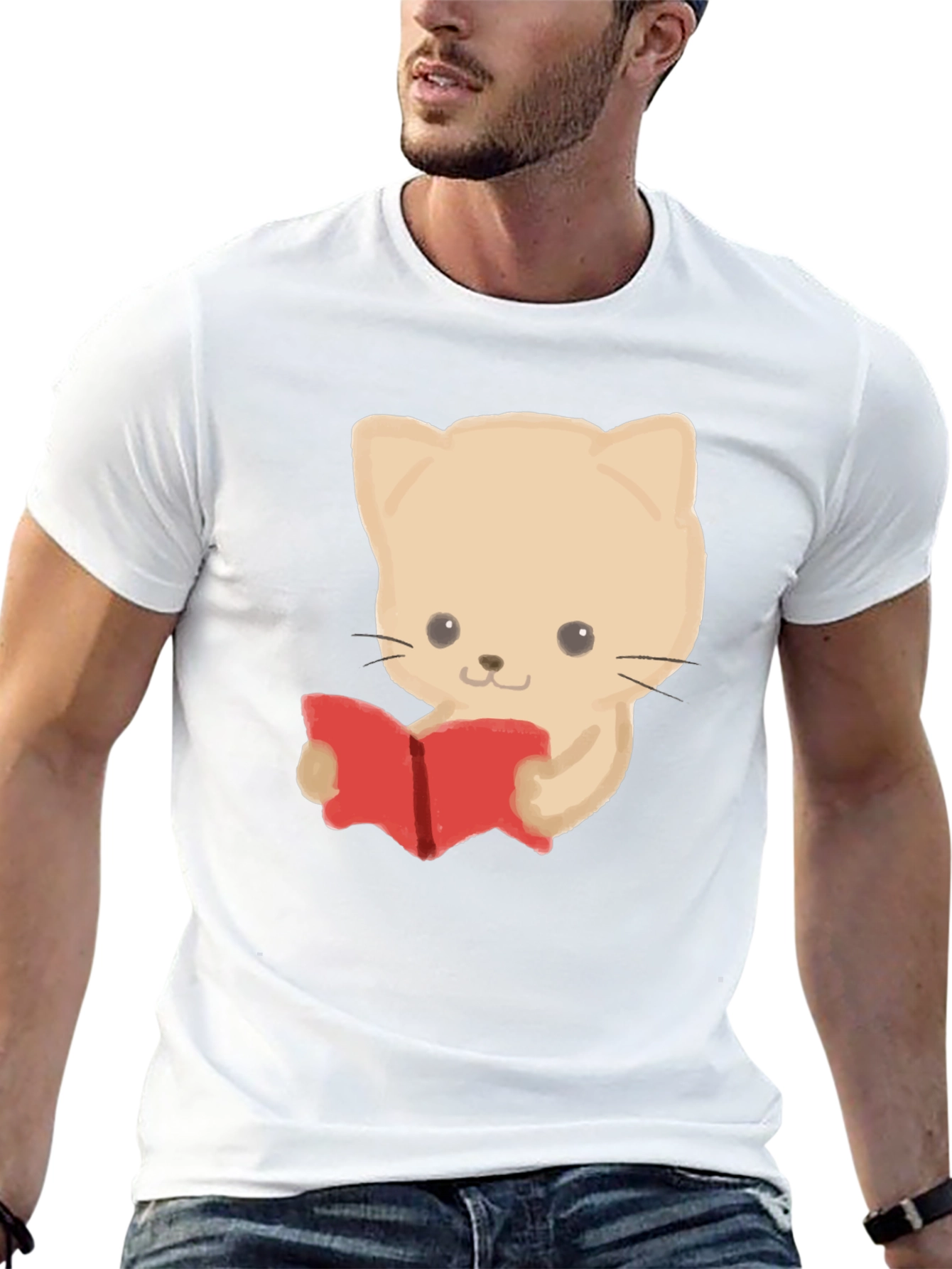 Reading Cat Graphic Tee - Black Cotton T-Shirt