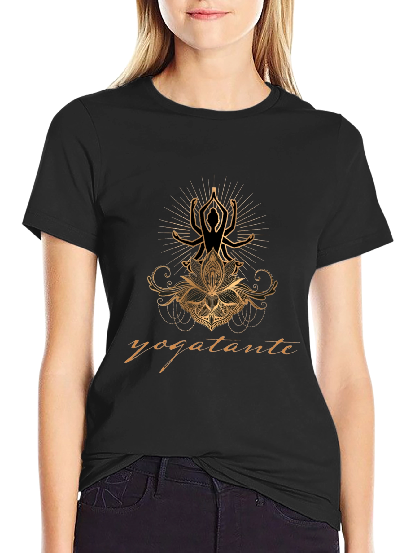 Yogatante Black Graphic Tee - Meditative Design