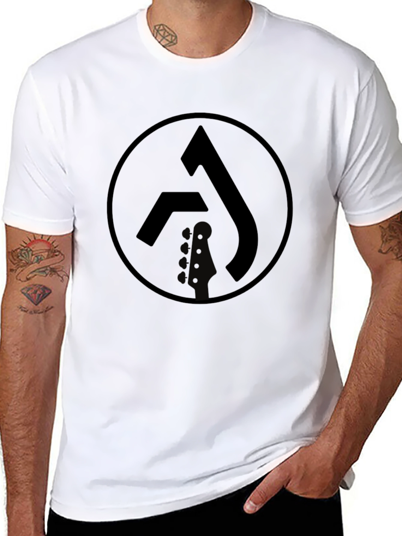 Black Graphic Tee with Circle Logo & Guitar