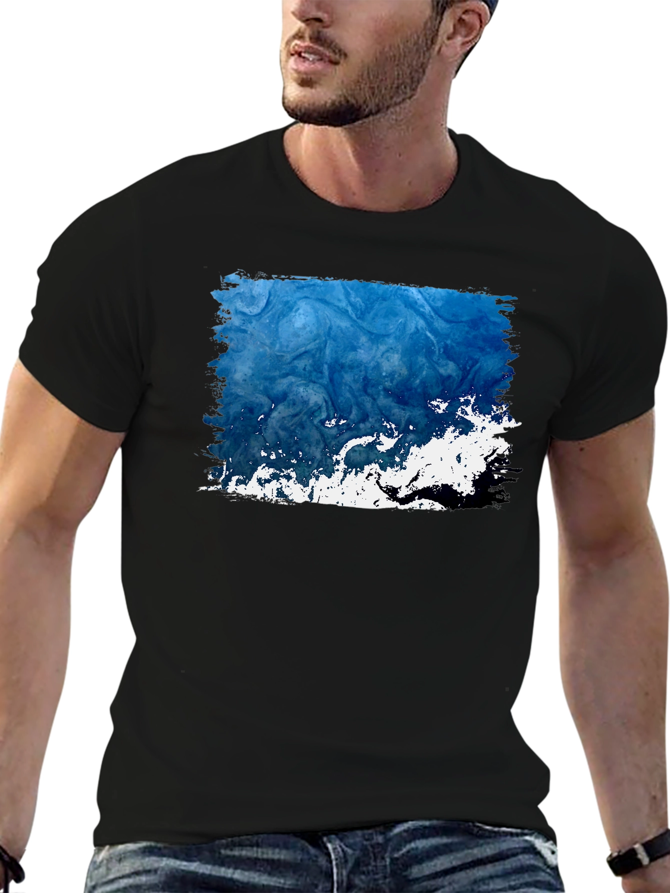 Abstract Blue Wave Graphic Black Tee