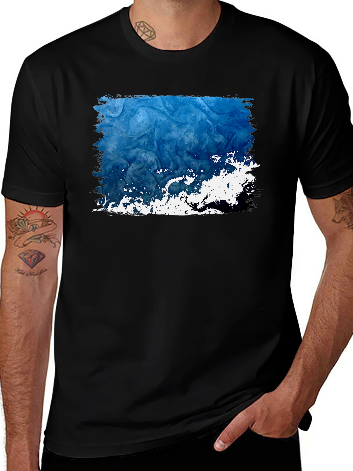Abstract Blue Wave Graphic Black Tee