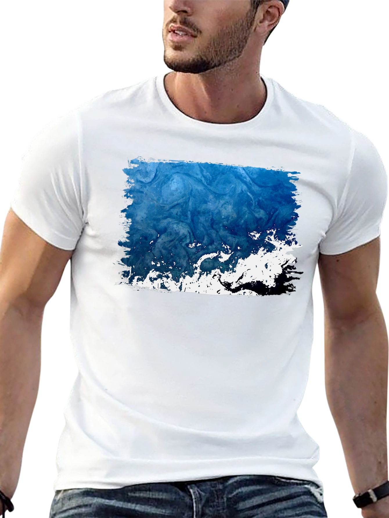 Abstract Blue Wave Graphic Black Tee