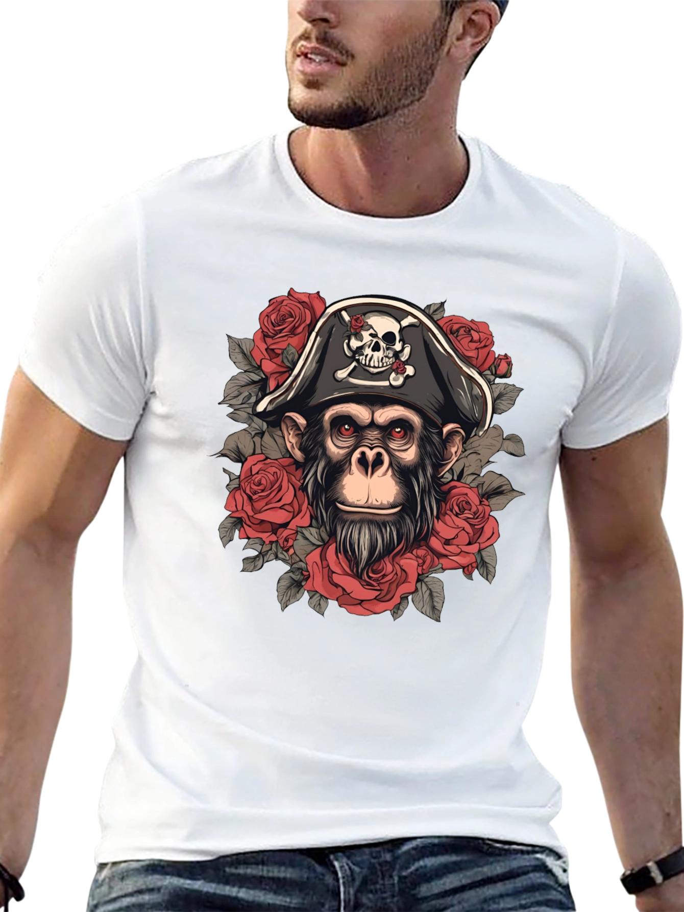 Pirate Monkey T-Shirt - Skull & Roses Graphic Tee