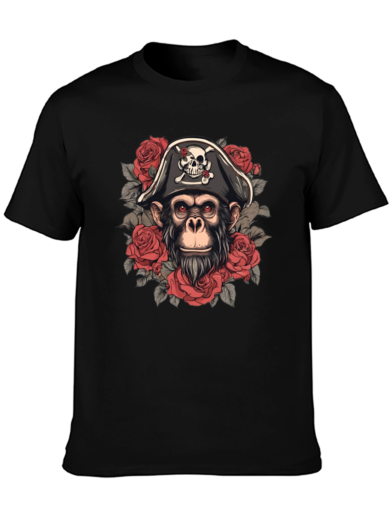Pirate Monkey T-Shirt - Skull & Roses Graphic Tee