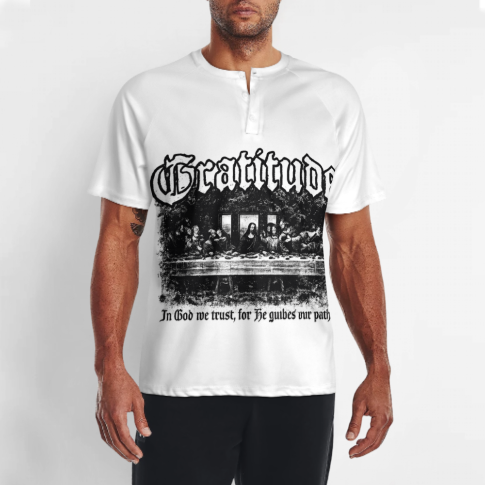 Gratitude Gothic Graphic Tee, Vintage Faith Inspired Streetwear Shirt, Retro Religious Art T-Shirt, Distressed Monochrome Urban Fashion Top(z748)