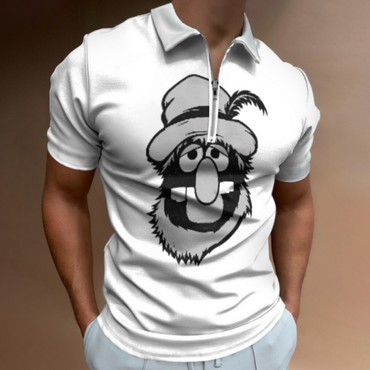 Vintage Cartoon Character Graphic Polo Shirt – Retro Funny Mascot Quarter Zip Casual Streetwear Tee(z768)