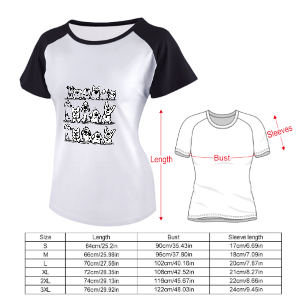 Funny Cartoon Dogs Graphic Raglan Tee, Cute Puppy Line Art Shirt, Minimal Pet Lover T-Shirt, Casual Dog Mom Gift, Black White Sketch Style Tee(z759)