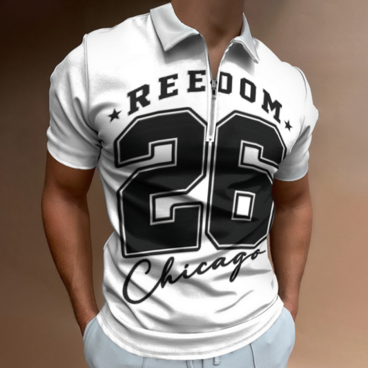Freedom 26 Chicago Graphic Polo Shirt, Vintage Varsity Number Tee, Streetwear Inspired Men’s Zip Collar Shirt, Urban Casual Sports Style Top(z761)