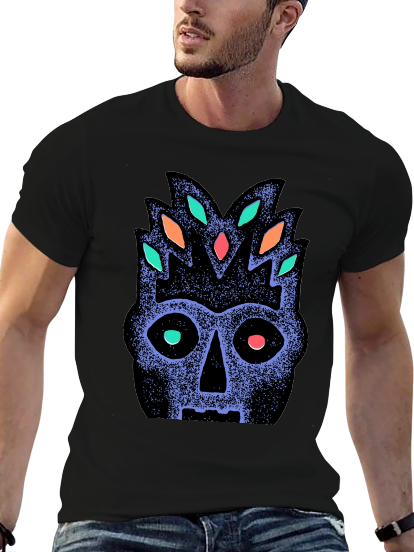 Tribal Mask Graphic Tee - Black Cotton Comfort