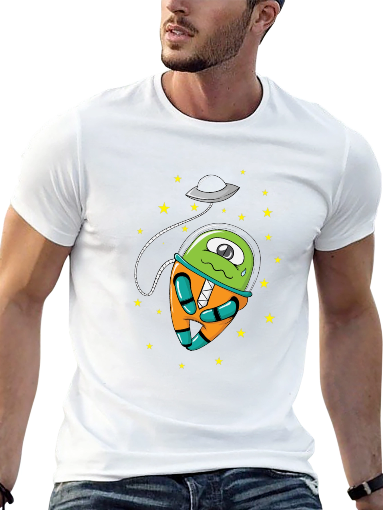 Cartoon Alien UFO Graphic Tee - Black Cotton