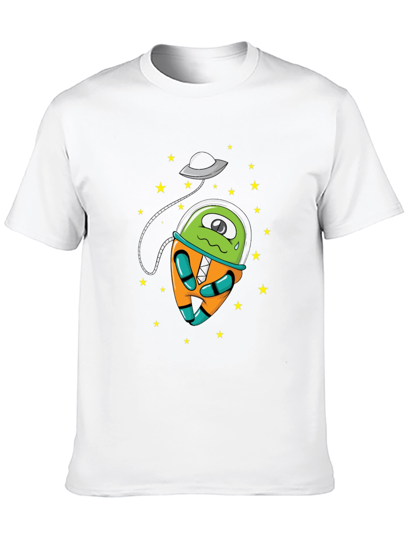 Cartoon Alien UFO Graphic Tee - Black Cotton