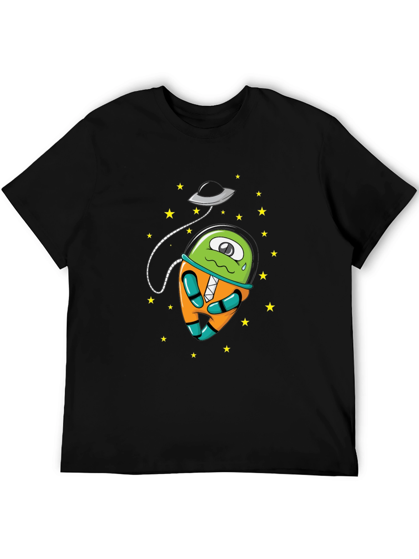 Cartoon Alien UFO Graphic Tee - Black Cotton