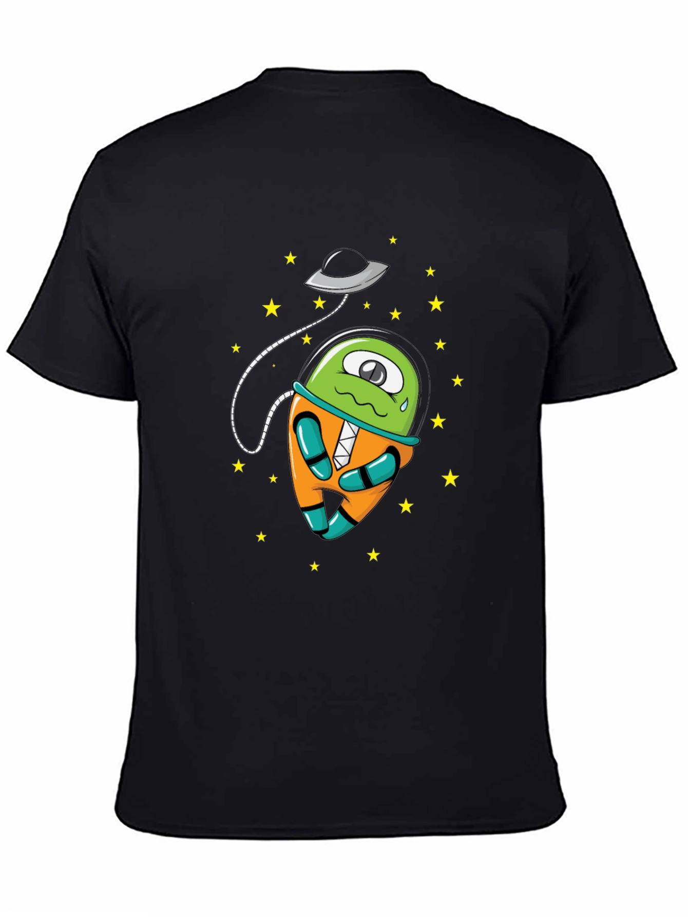 Cartoon Alien UFO Graphic Tee - Black Cotton