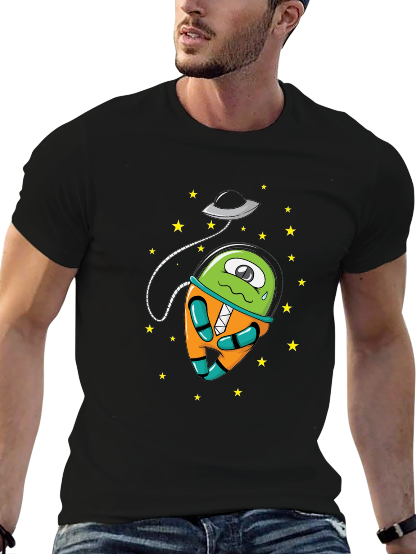Cartoon Alien UFO Graphic Tee - Black Cotton
