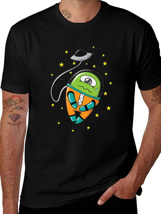 Cartoon Alien UFO Graphic Tee - Black Cotton