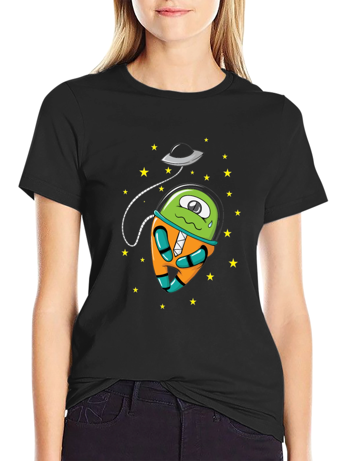 Cartoon Alien UFO Graphic Tee - Black Cotton