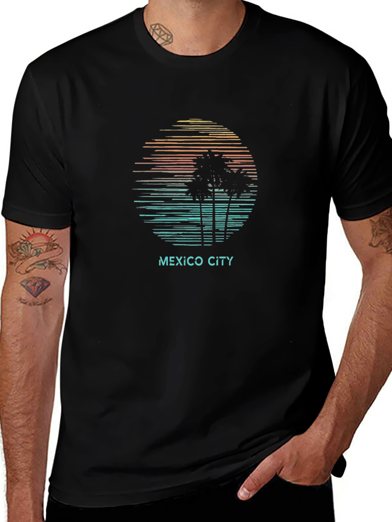 Mexico City Sunset Palm Tree T-Shirt - Black