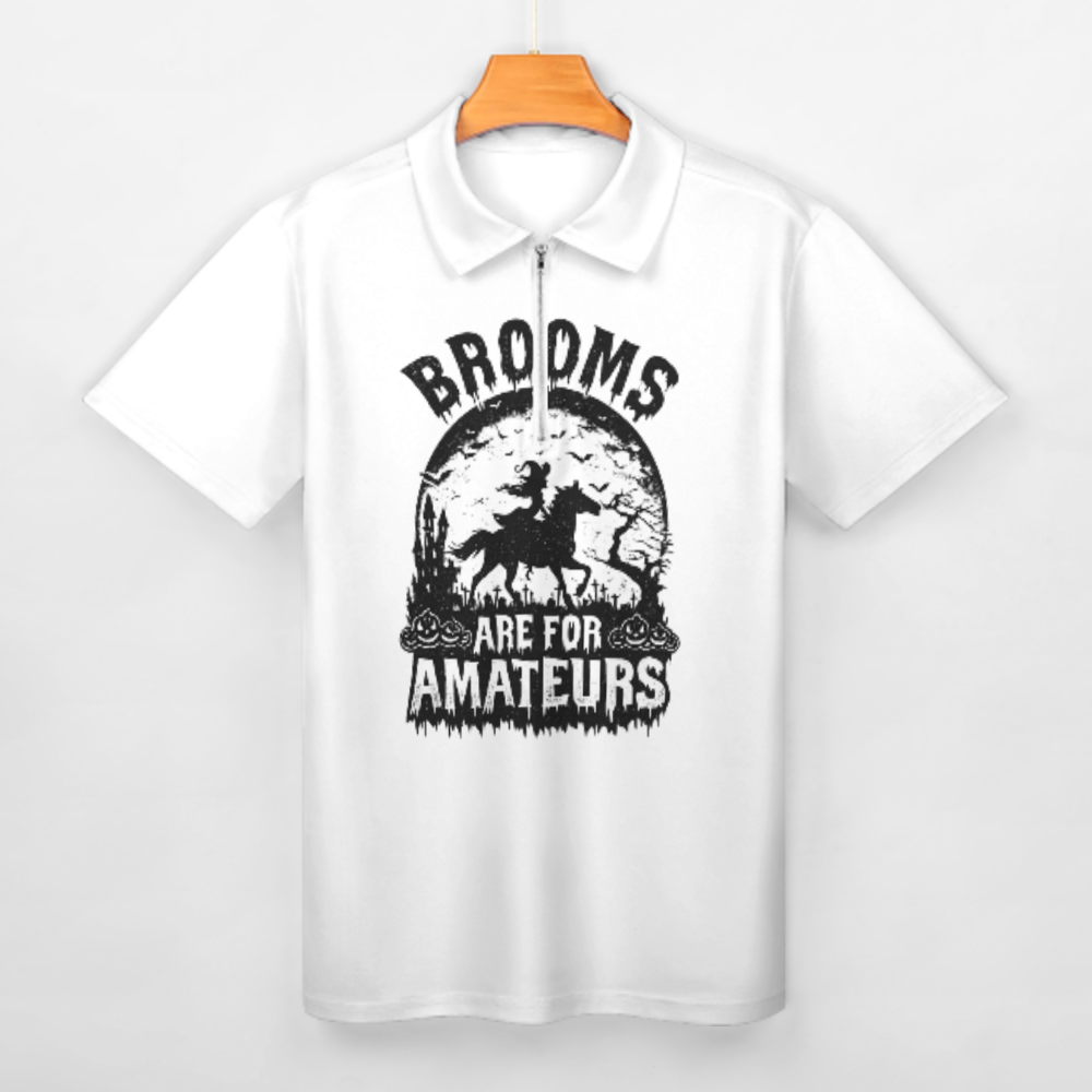Brooms Are for Amateurs Halloween Graphic Polo Shirt – Witch Riding Horse Vintage Spooky Quarter Zip Tee(z765)