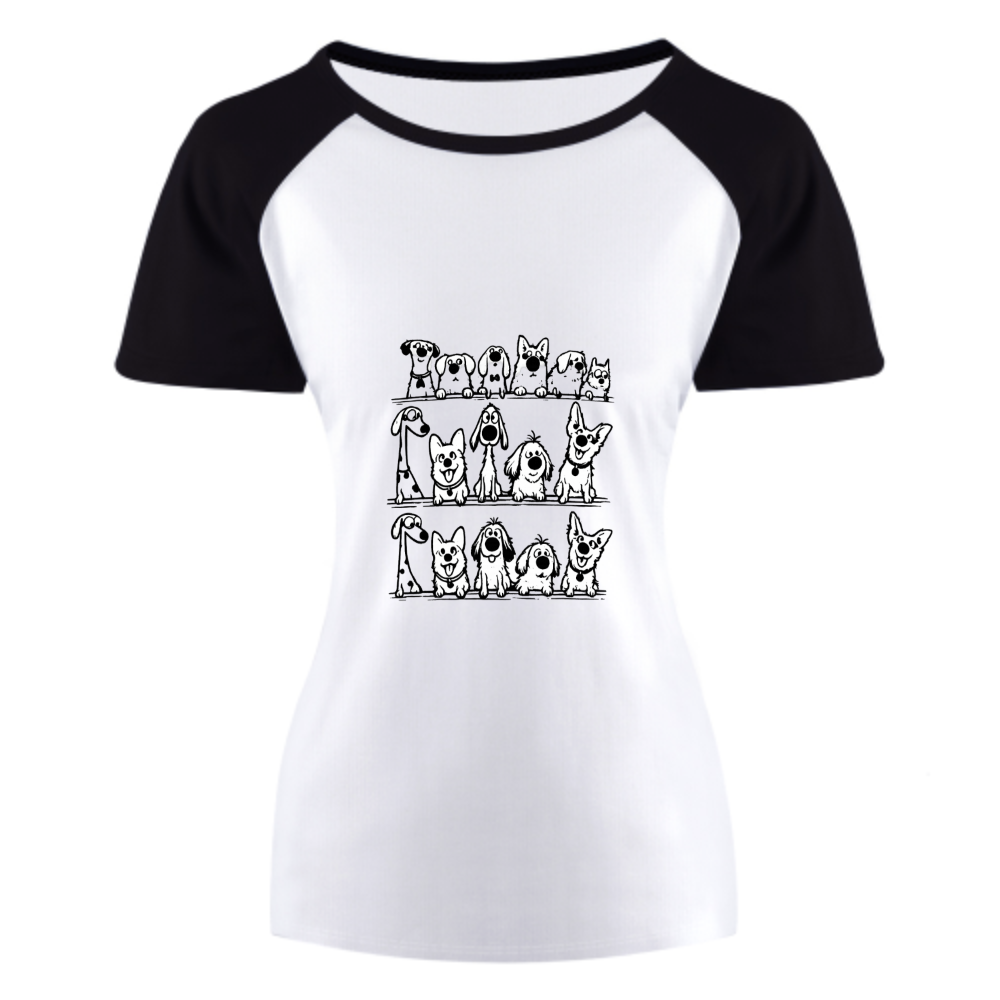 Funny Cartoon Dogs Graphic Raglan Tee, Cute Puppy Line Art Shirt, Minimal Pet Lover T-Shirt, Casual Dog Mom Gift, Black White Sketch Style Tee(z759)