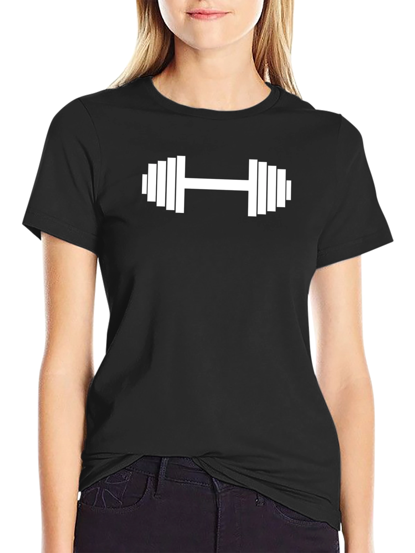 Black T-Shirt with White Dumbbell Graphic
