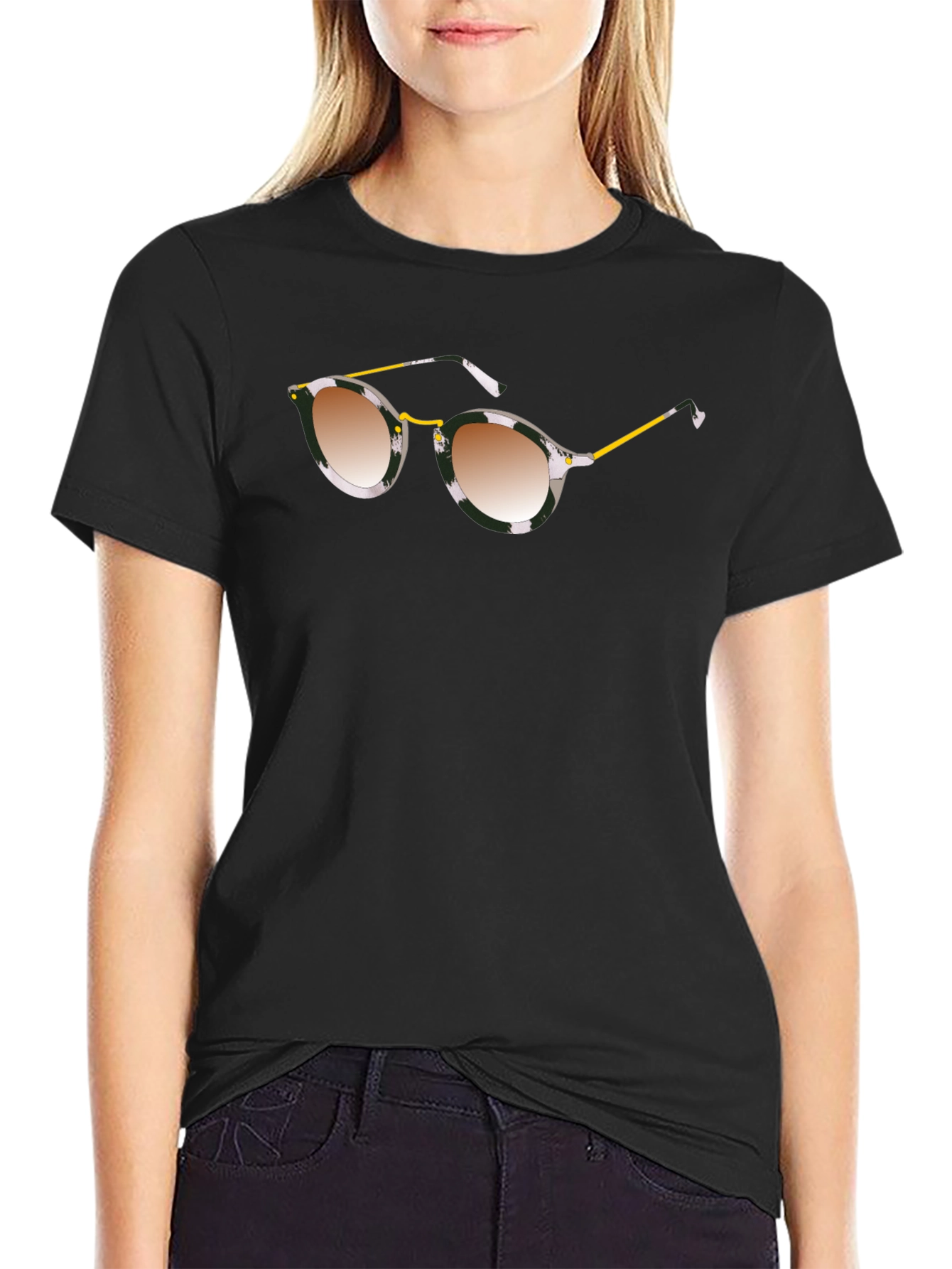 Stylish Black Graphic Tee with Sunglasses Print