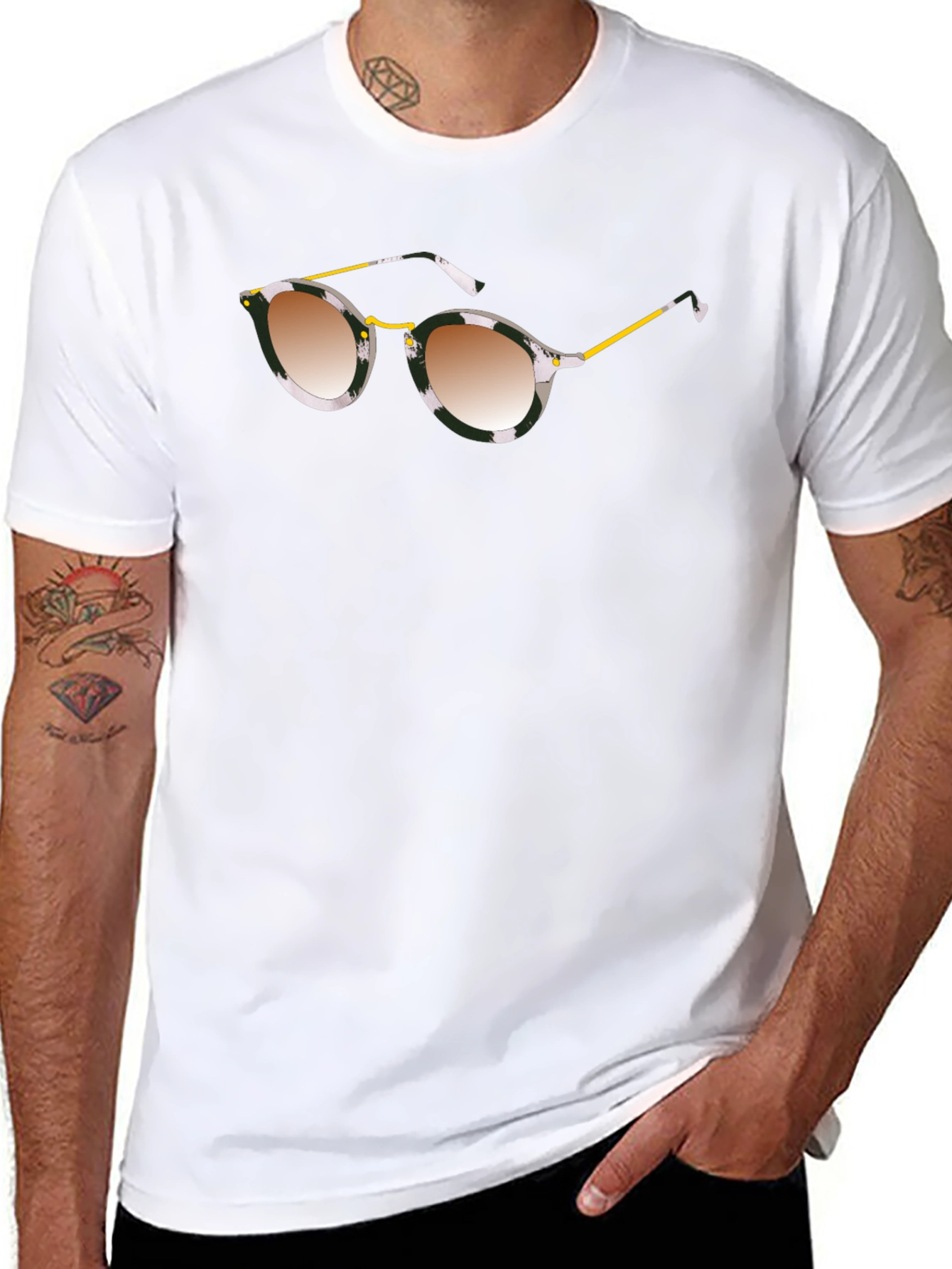 Stylish Black Graphic Tee with Sunglasses Print