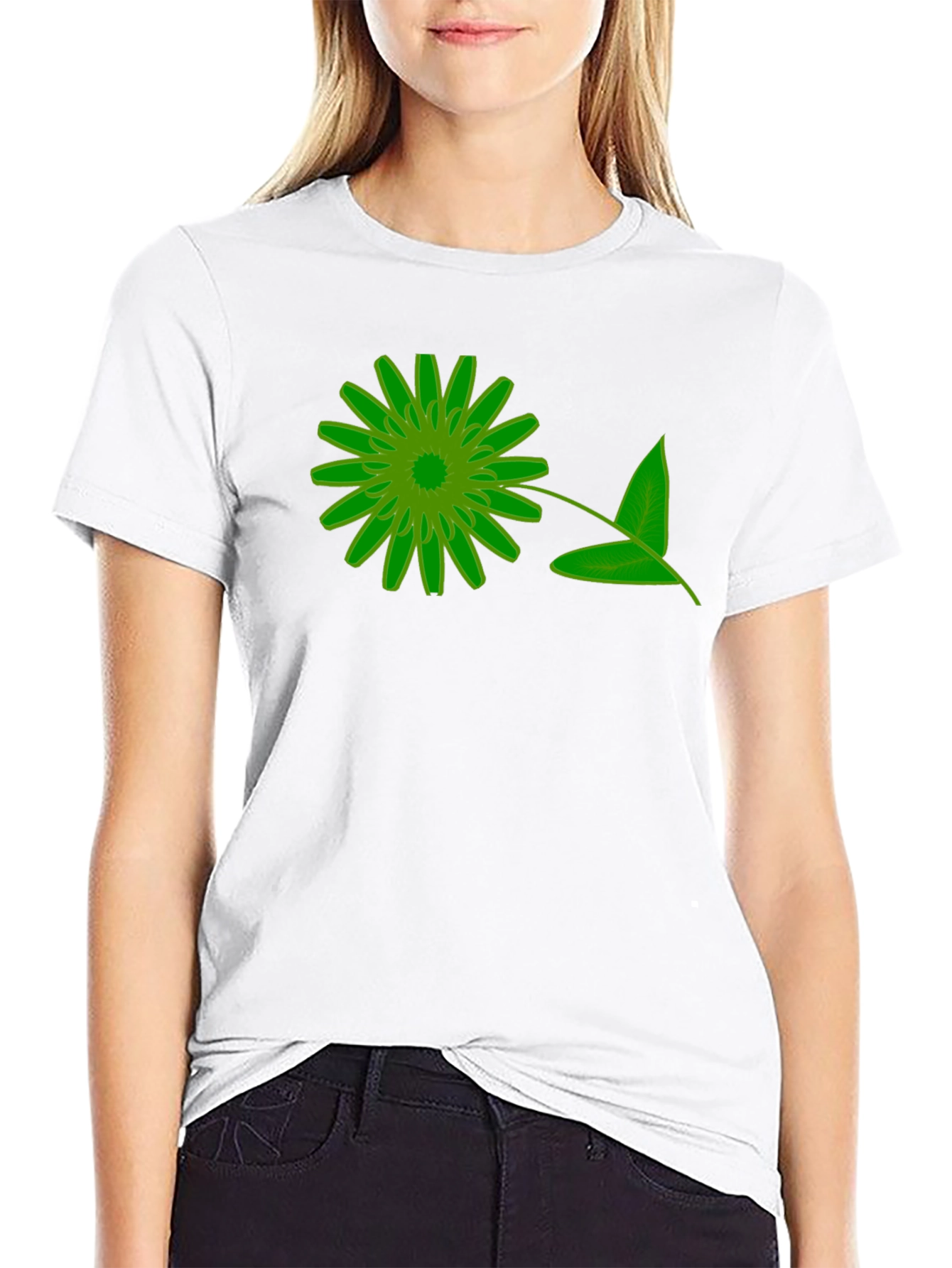 Green Floral Graphic Black T-Shirt