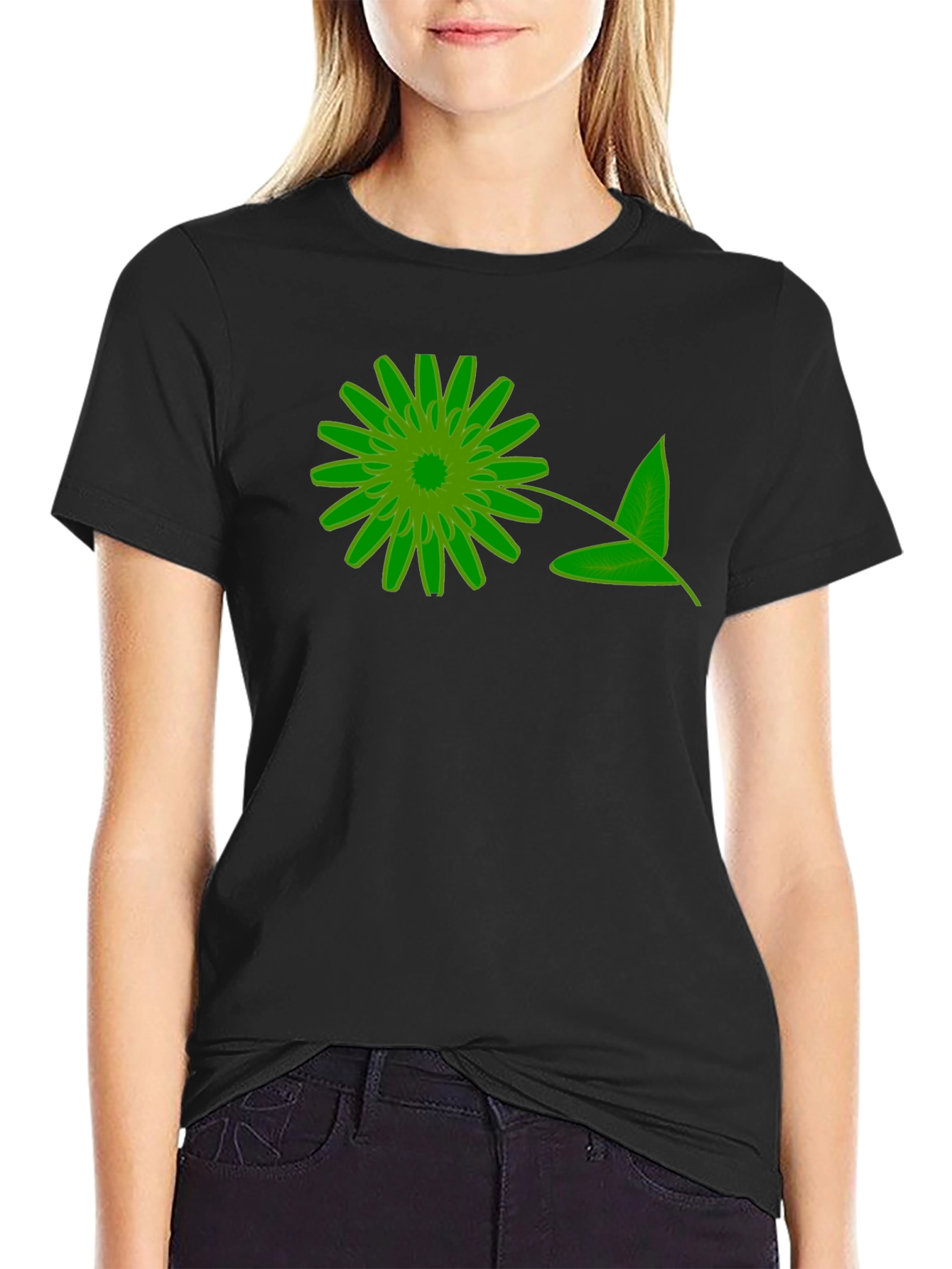 Green Floral Graphic Black T-Shirt