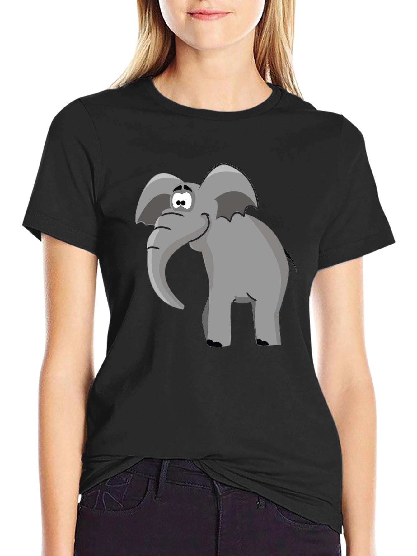 Cartoon Elephant Graphic Tee - Black T-Shirt