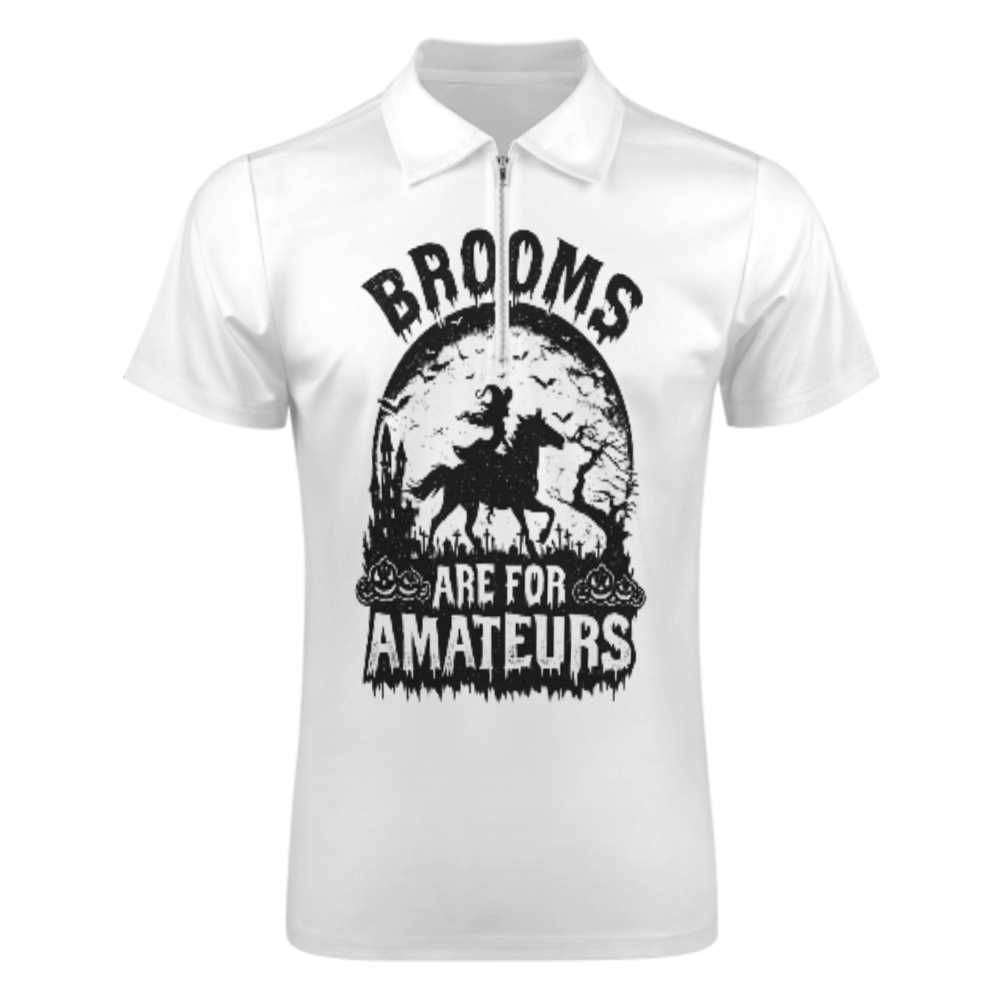 Brooms Are for Amateurs Halloween Graphic Polo Shirt – Witch Riding Horse Vintage Spooky Quarter Zip Tee(z765)