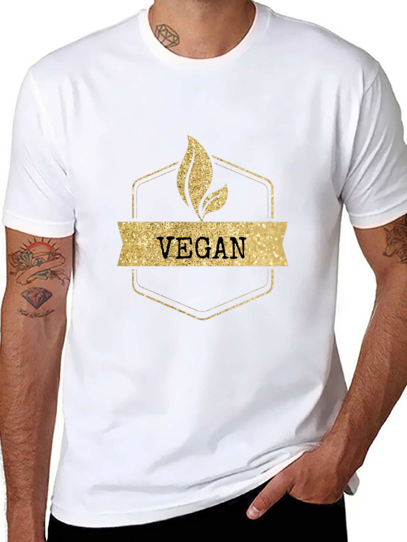 Vegan Gold Glitter Design Black T-Shirt