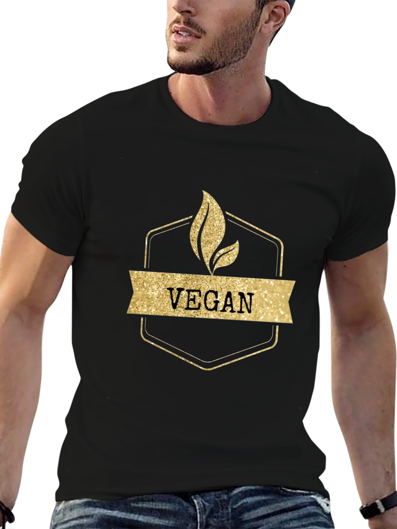 Vegan Gold Glitter Design Black T-Shirt