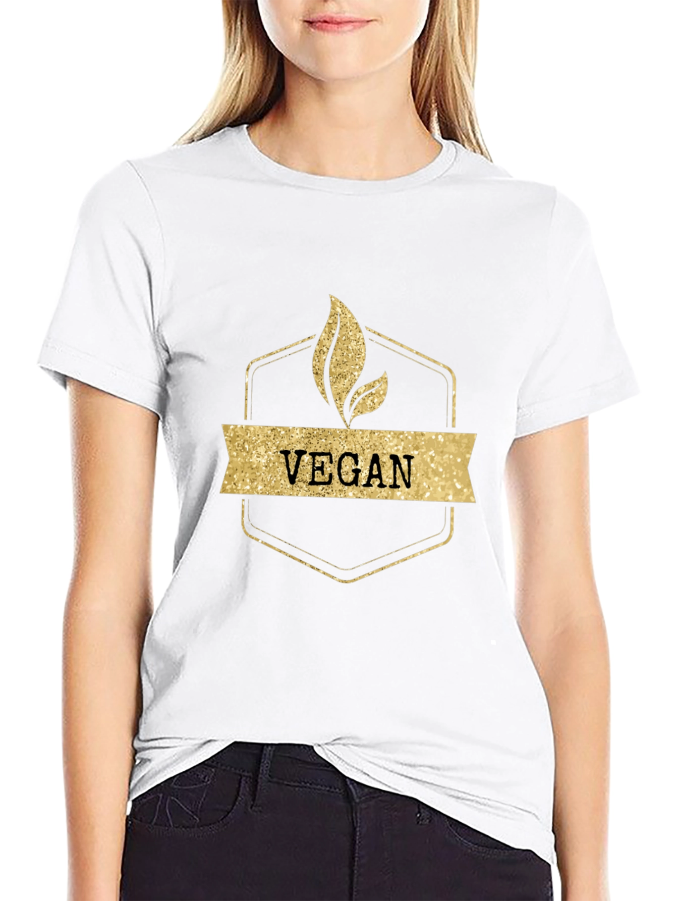 Vegan Gold Glitter Design Black T-Shirt