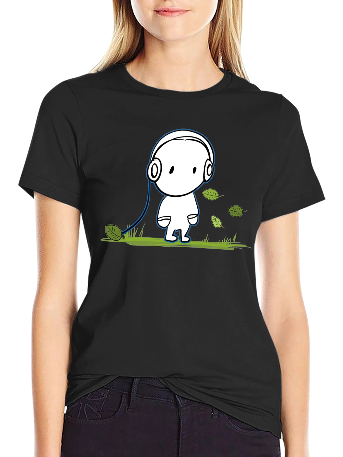Cartoon Headphone T-Shirt - Black Cotton Graphic Tee