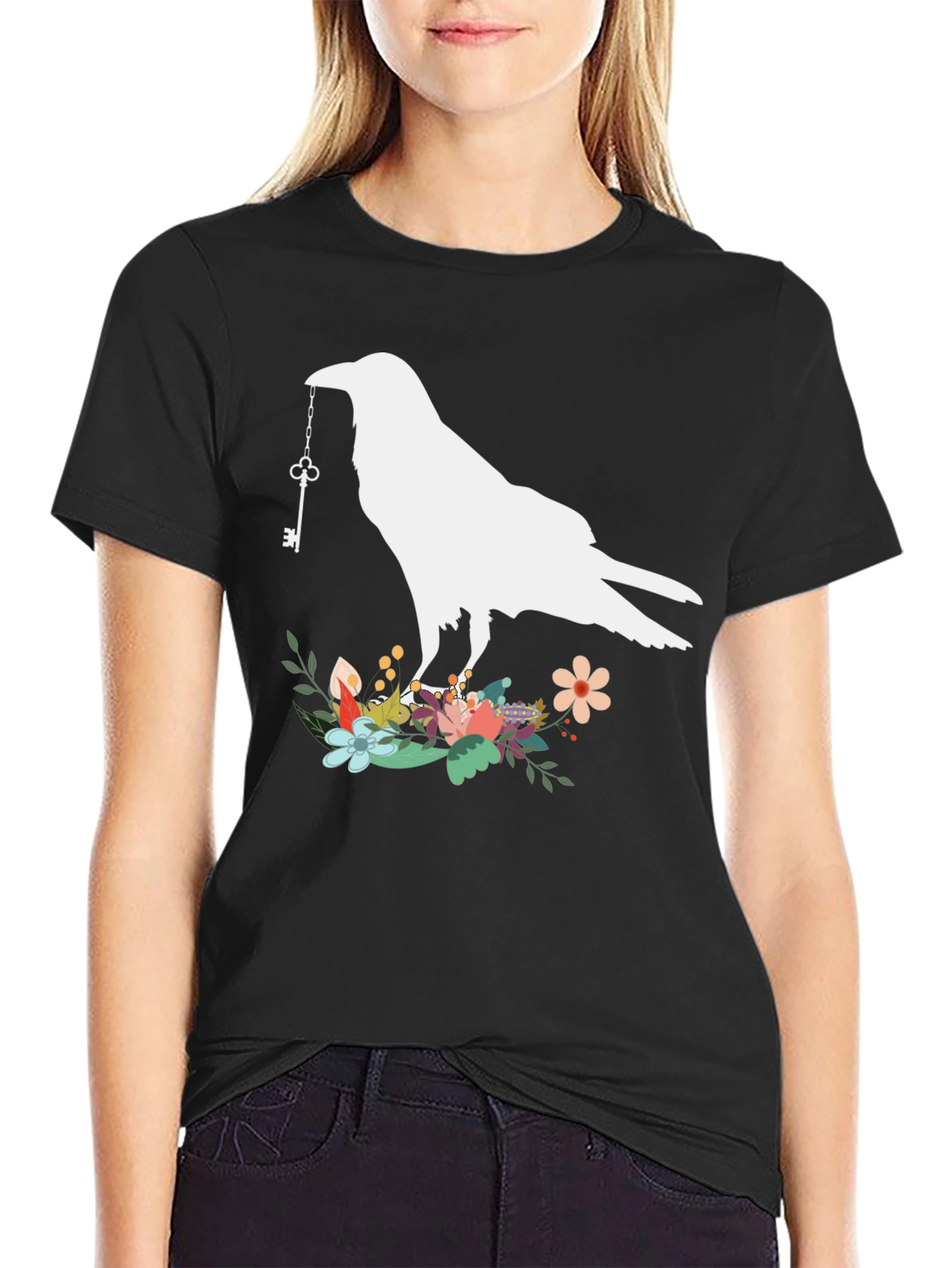 Raven Key T-Shirt - Floral Bird Tee