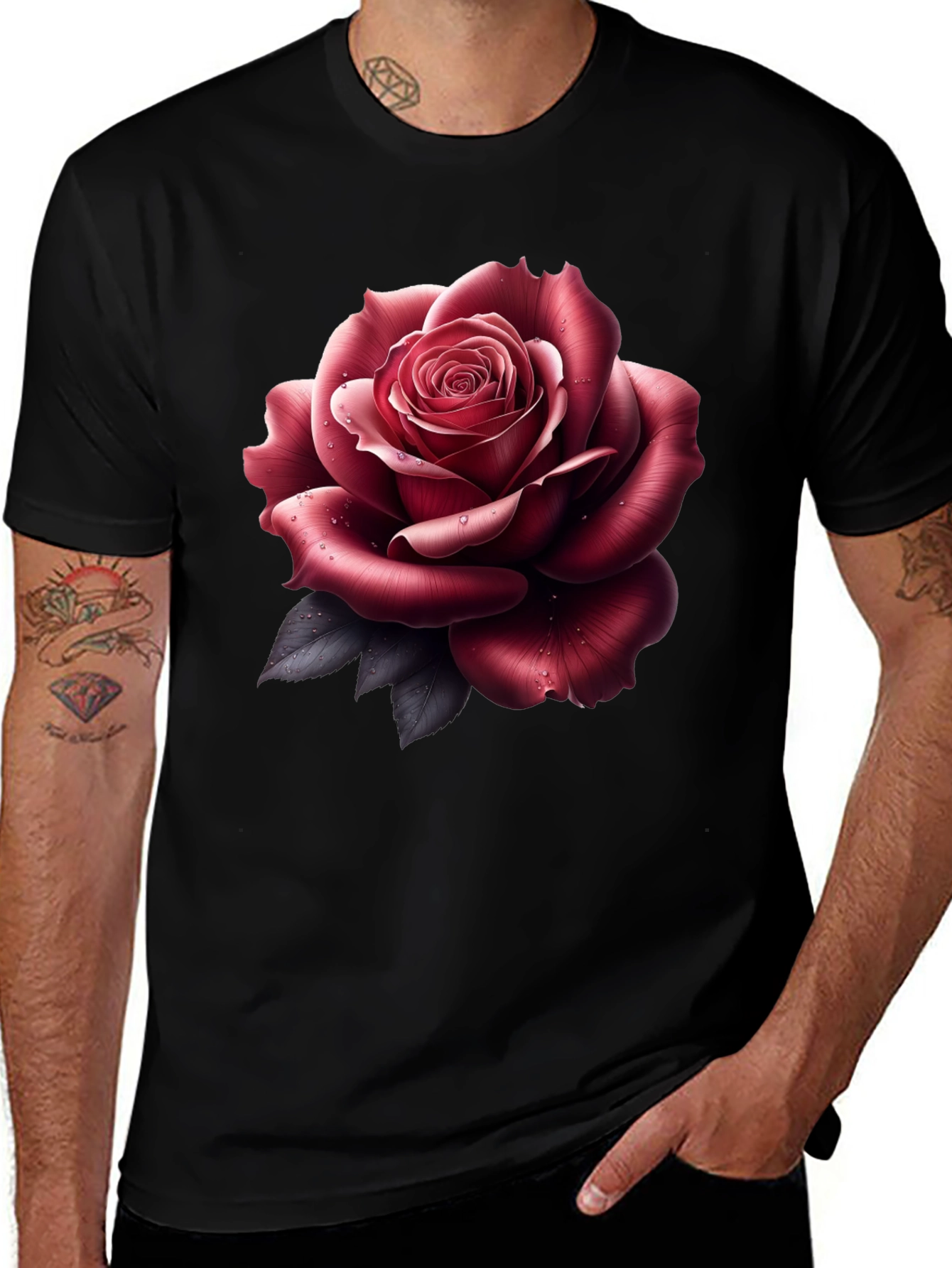 Mens Rose Graphic Tee - Stylish Black T-Shirt