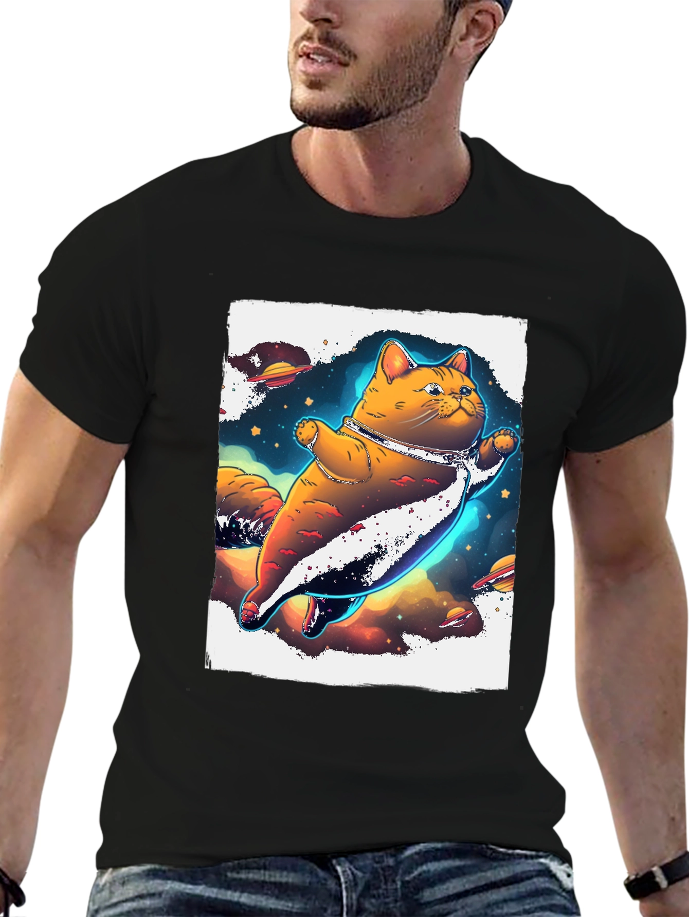 Space Cat T-Shirt - Black Unique Design