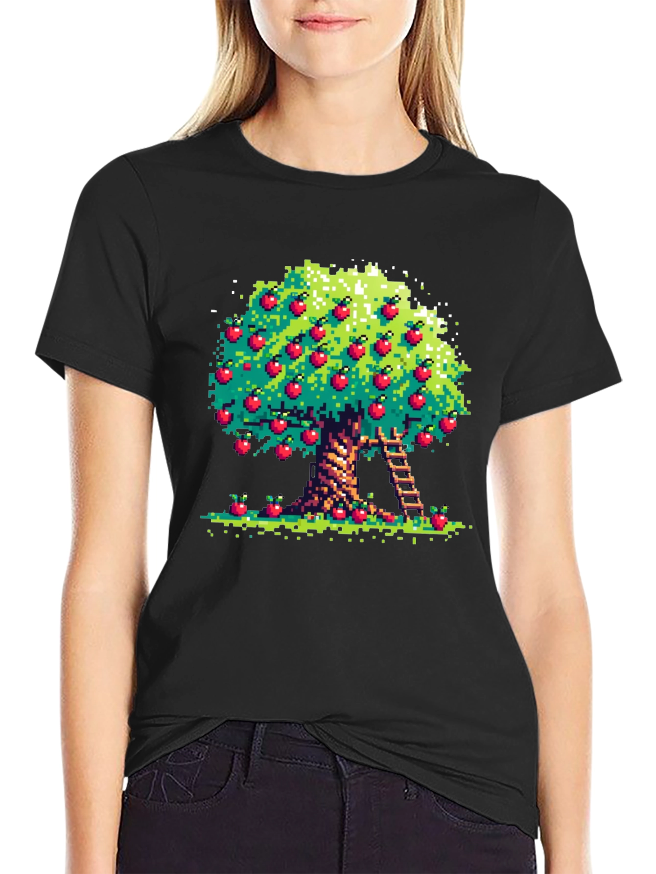 Pixel Art Apple Tree Black Tee