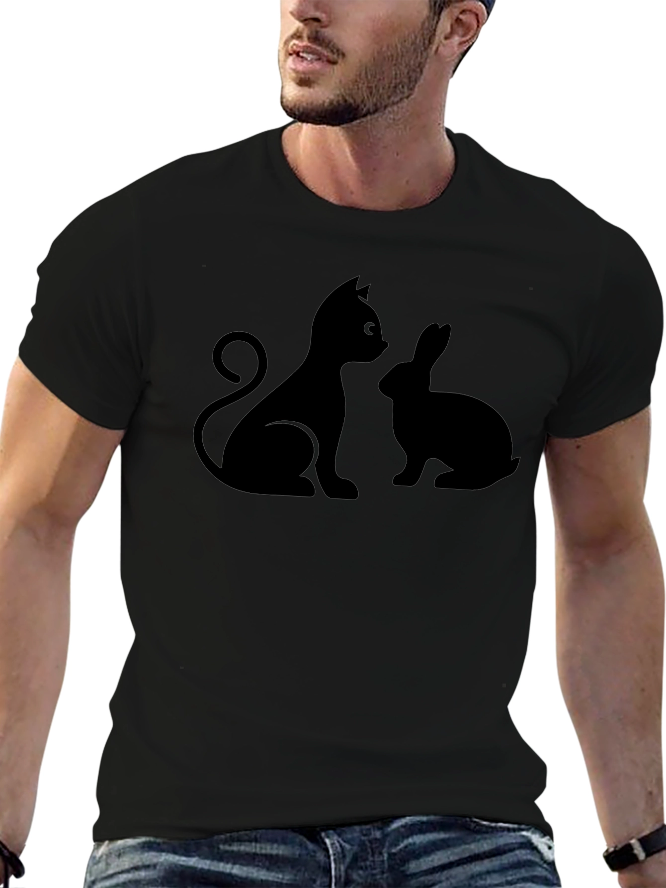 Cat and Rabbit Silhouette Black T-Shirt