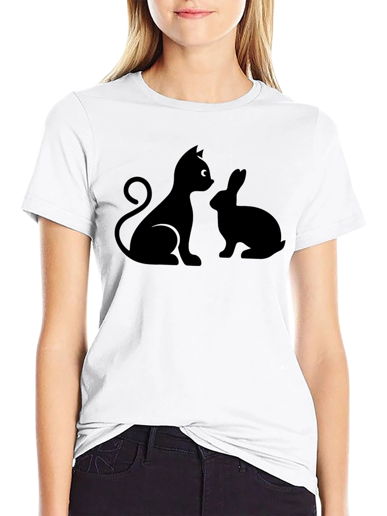 Cat and Rabbit Silhouette Black T-Shirt
