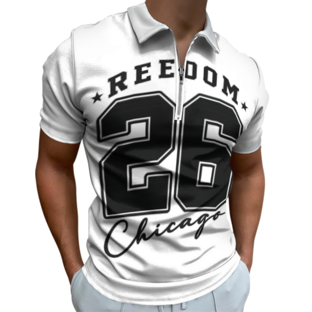 Freedom 26 Chicago Graphic Polo Shirt, Vintage Varsity Number Tee, Streetwear Inspired Men’s Zip Collar Shirt, Urban Casual Sports Style Top(z761)
