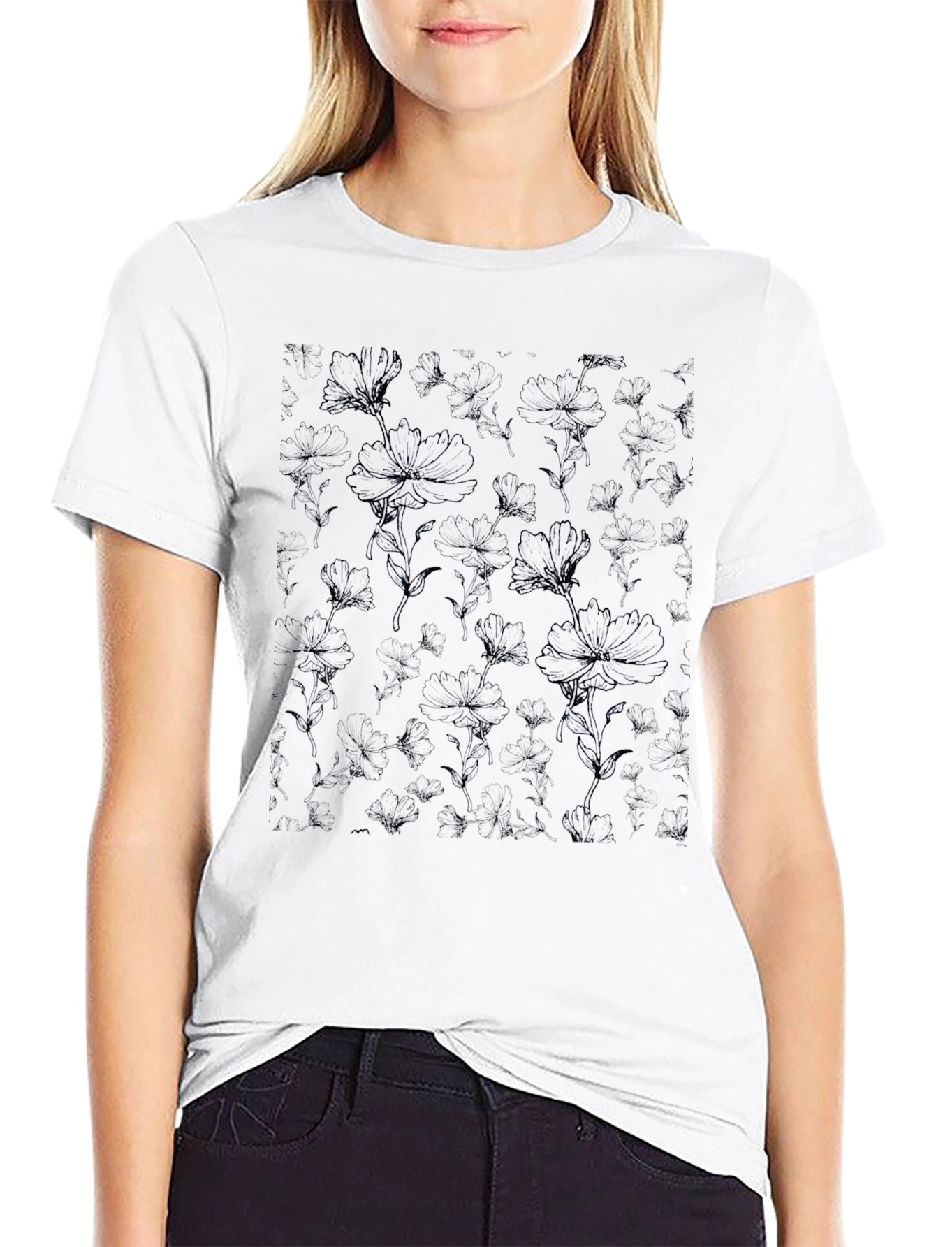 Mens Black Floral Print Crew Neck T-Shirt