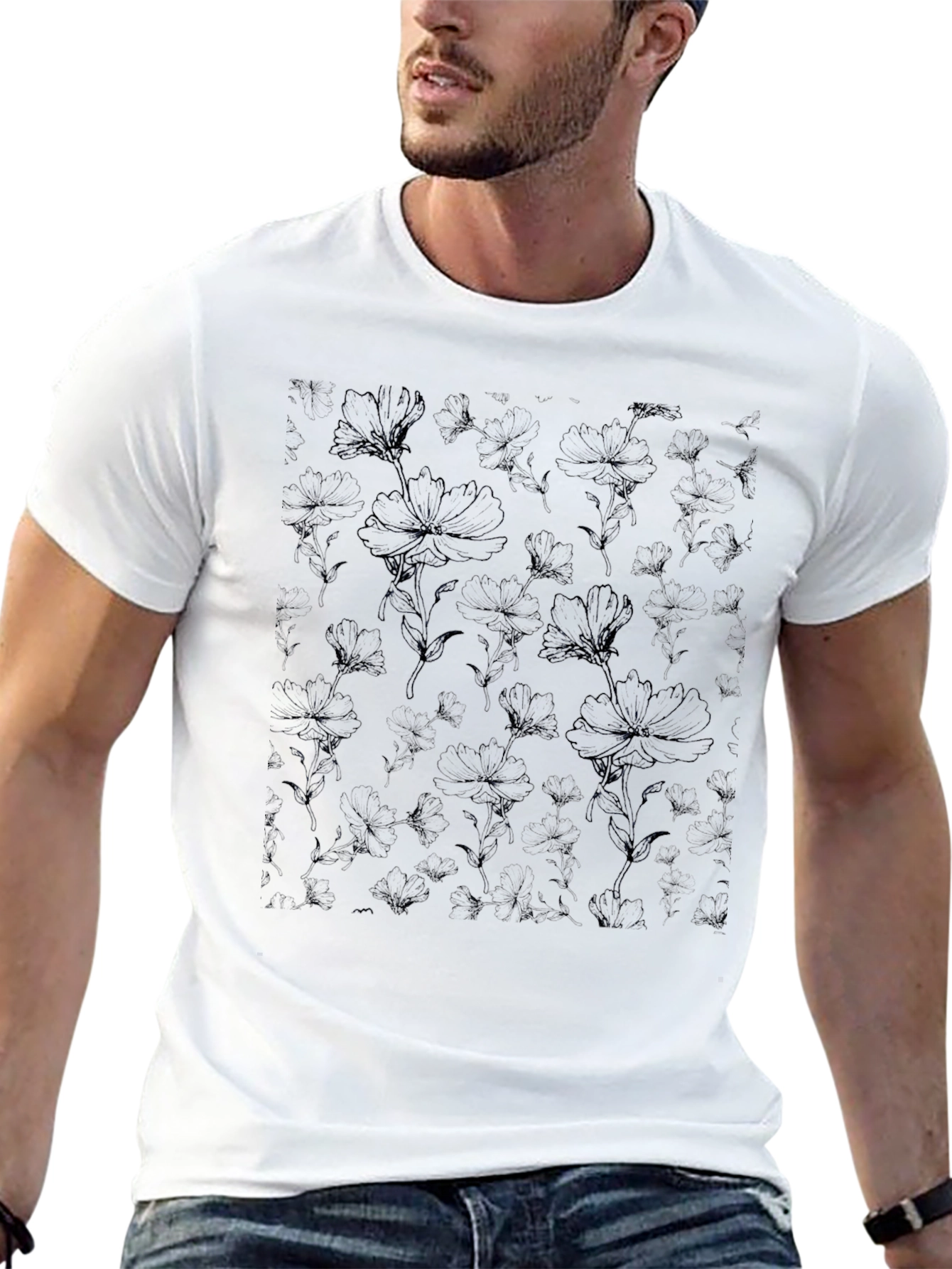 Mens Black Floral Print Crew Neck T-Shirt