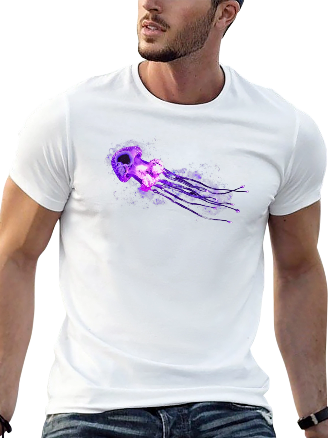 Mens Black T-Shirt with Purple Jellyfish Graphic