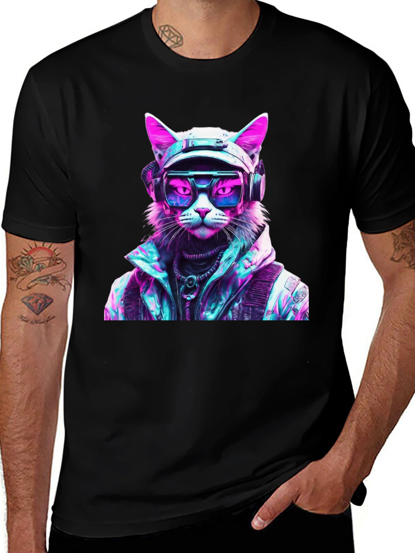 Cyberpunk Cat Graphic T-Shirt - Futuristic Style